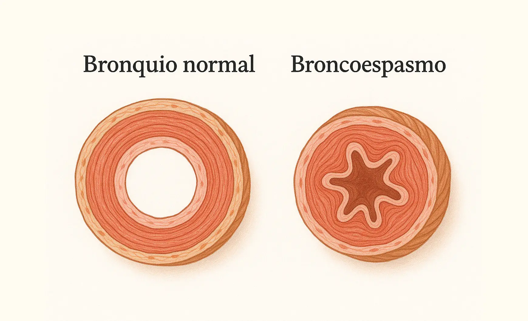 Dibujo anatomico de una sección del bronquio en estado normal y otra con un broncoespasmo