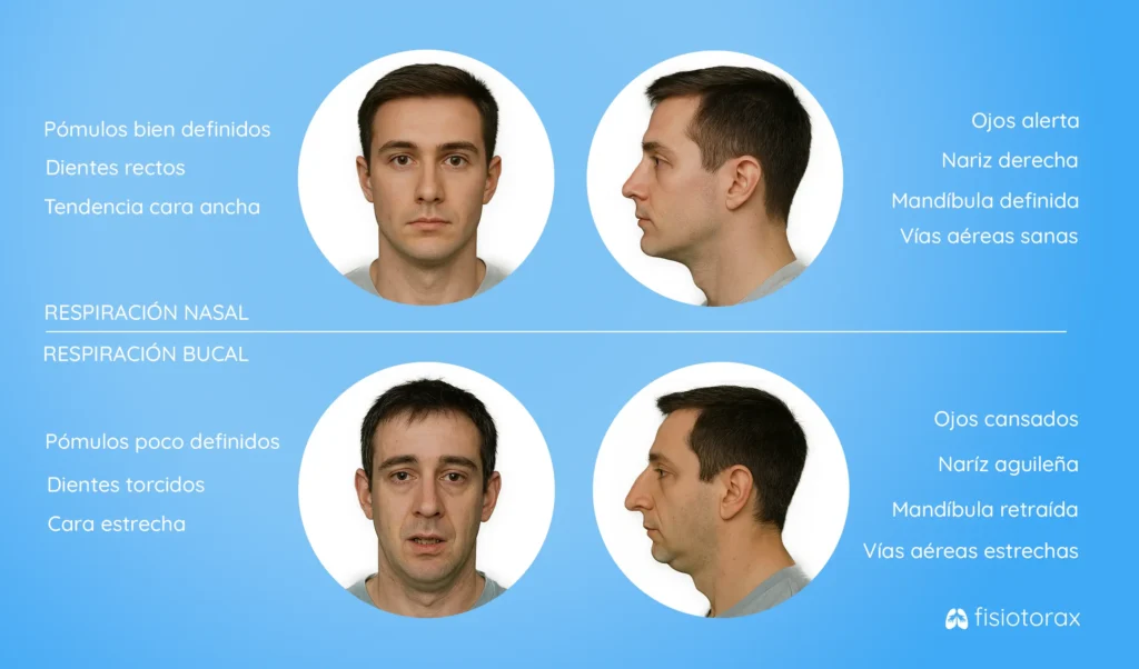 Infograía comparativa de lso signos faciales de una respiración nasal y una respiración bucal