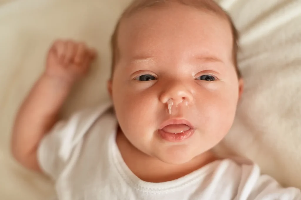 Fotografía de un bebe con mocos que necesita un lavado nasal