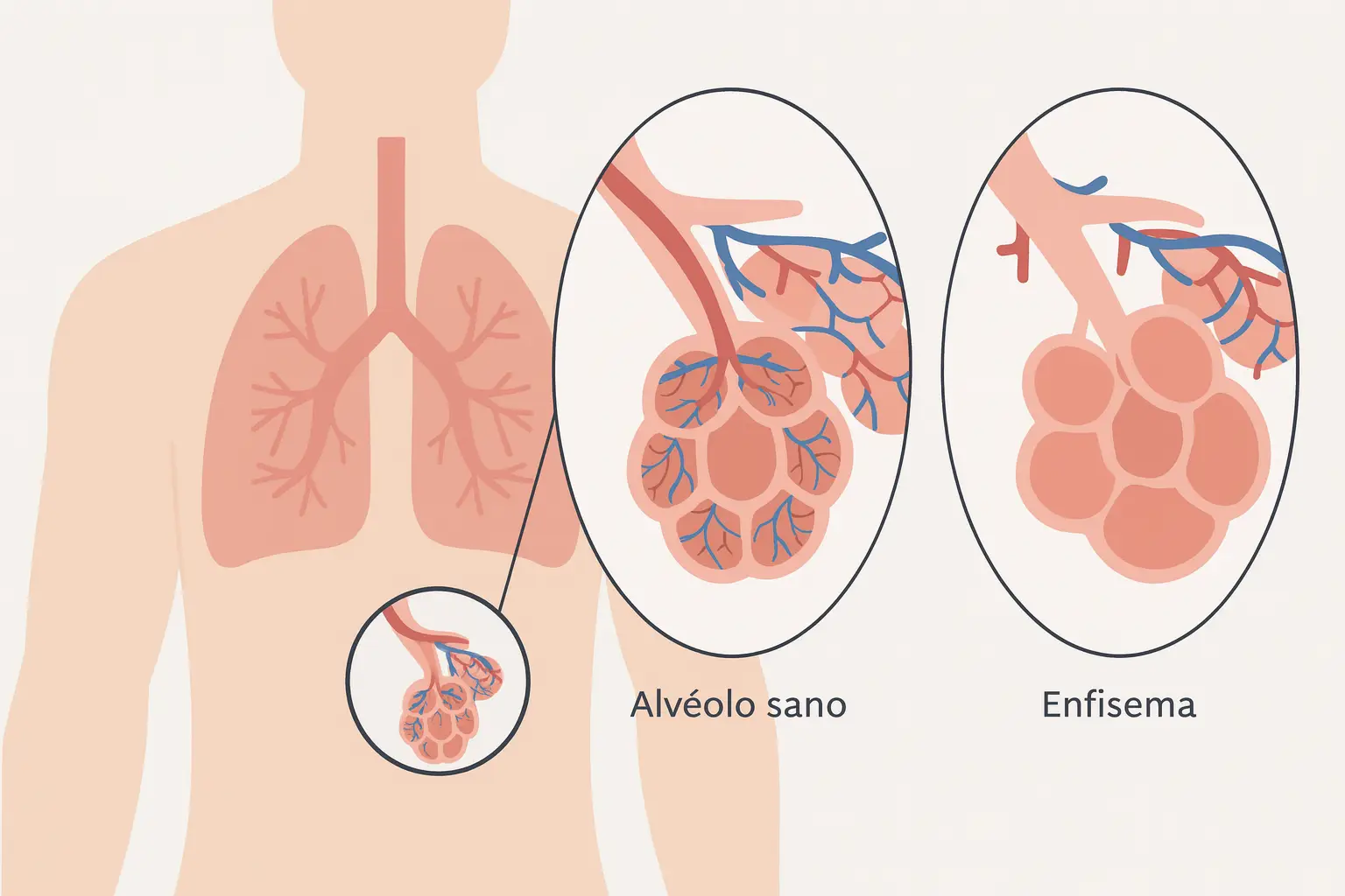 Infografía que muestra los alveolos pulmonares en estado normal y con un EPOC Enfisema
