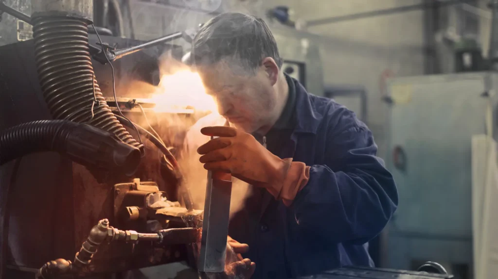 Fotografía de un trabajador sin mascarilla con mucho humo. Probablemente con mocos negros.