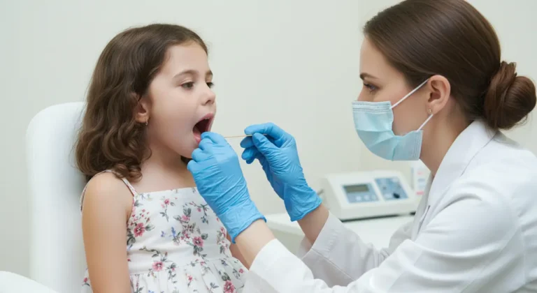 Fotografía de una niña con la boca abierta siendo diagnosticada de vegetaciones por una médico.