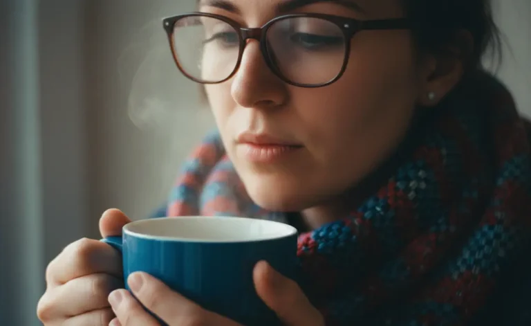 Fotografía de una mujer tomando una infusión caliente durante un resfriado