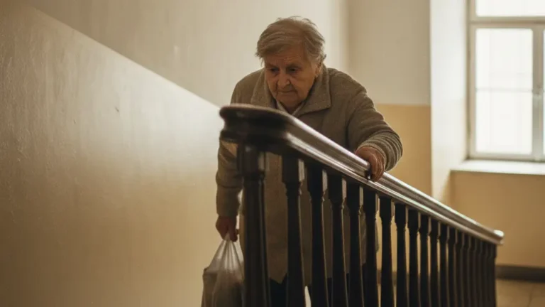 Fotografía de una señora mayor fatigada con EPOC, subiendo unas escaleras con la compra