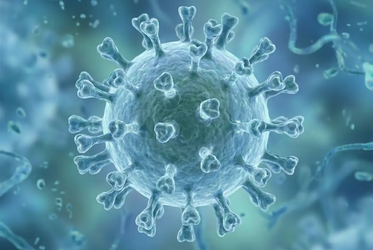 Ilustración ·D representativa del virus influenza H3N2 causante de la gripe