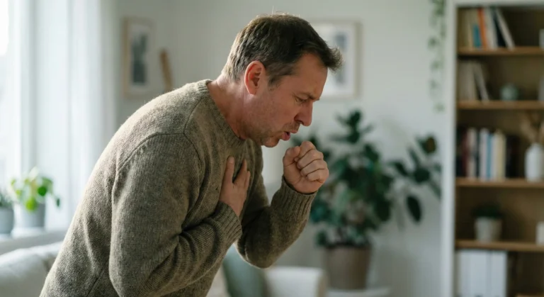 Fotografía de un señor con tos en su casa