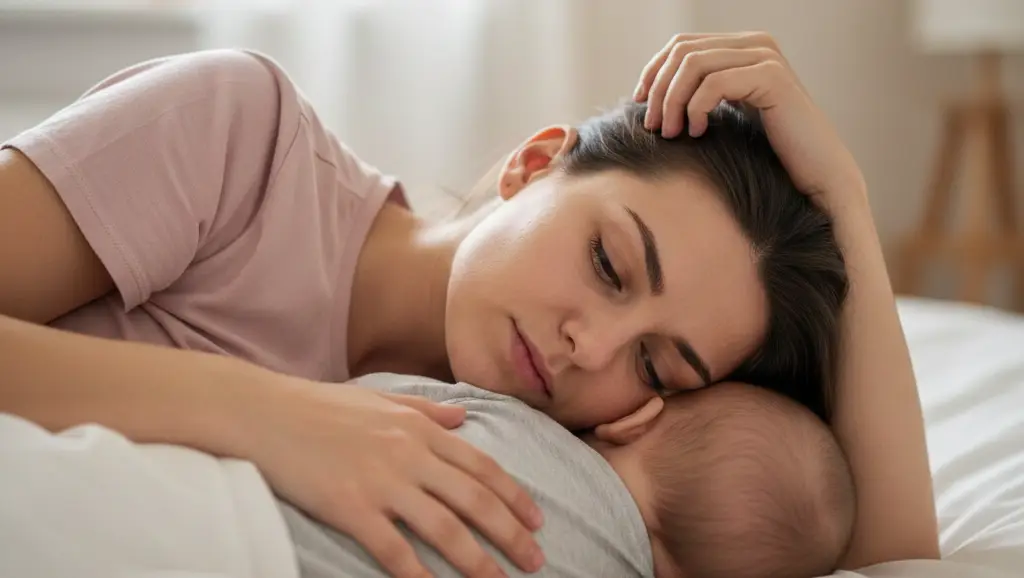 Fotografía de una mama abrazando a su hijo recien nacido en la cama, dandole cuidados.
