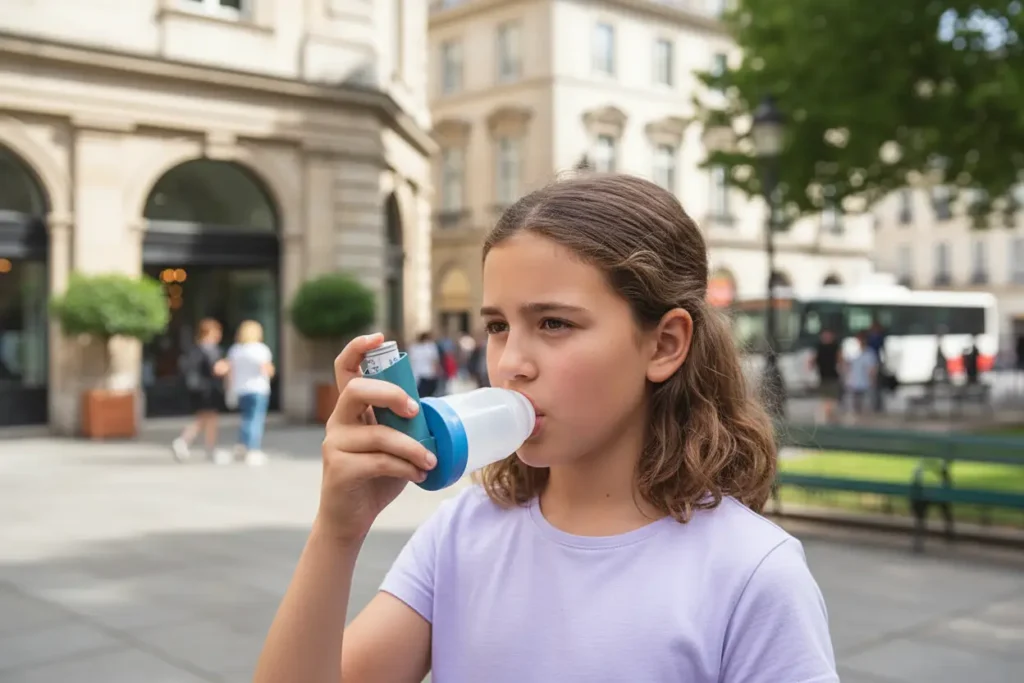 Fotografía de una niña con asma tomando una dosis de ventolin con camara espaciadora