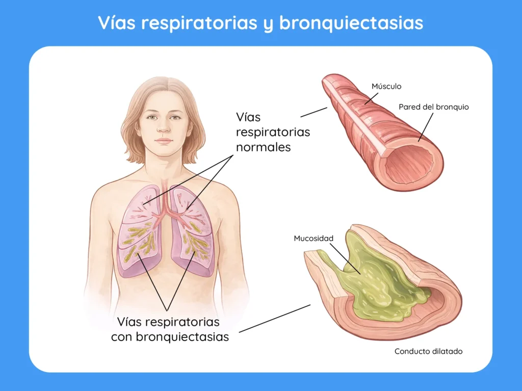 Infografía comparativa de un sitema respiratorio normal y uno con bronquiectasias. Se muestra un dibujo anatomico del bronquio dilatado y con mucosidad.