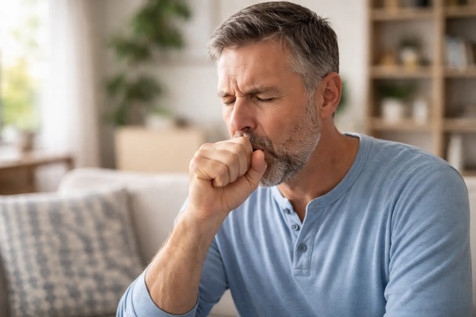 Fotografía de un adulto tosiendo en su casa, con flemas a causa de las bronquiectasias.