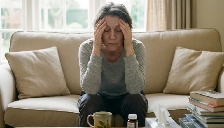 Fotografía de una mujer de mediana edad con fatiga por bronquitis crónica