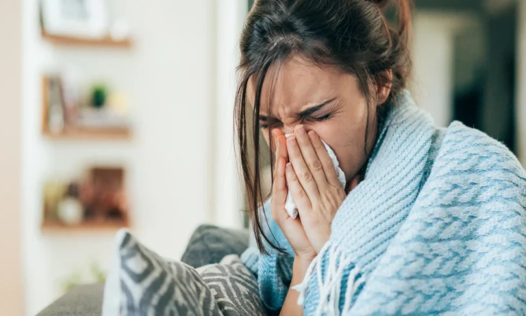Fotografía de una mujer limpiandose los mocos generados a causa de una neumonia