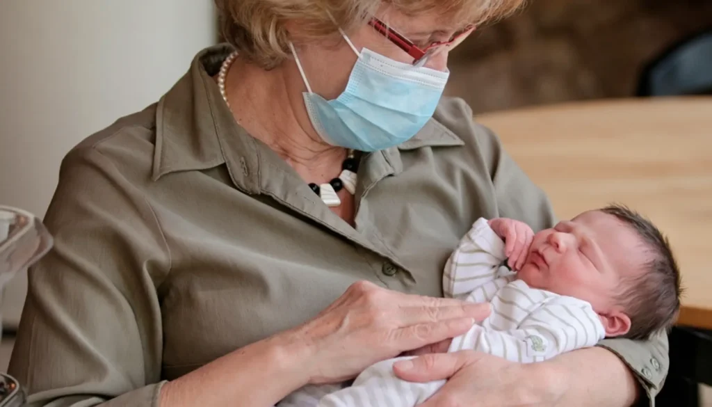 Abuela con su nieto recien nacido enfermo tomando precauciones para avitar el contagio de virus con una mascarilla quirurgica