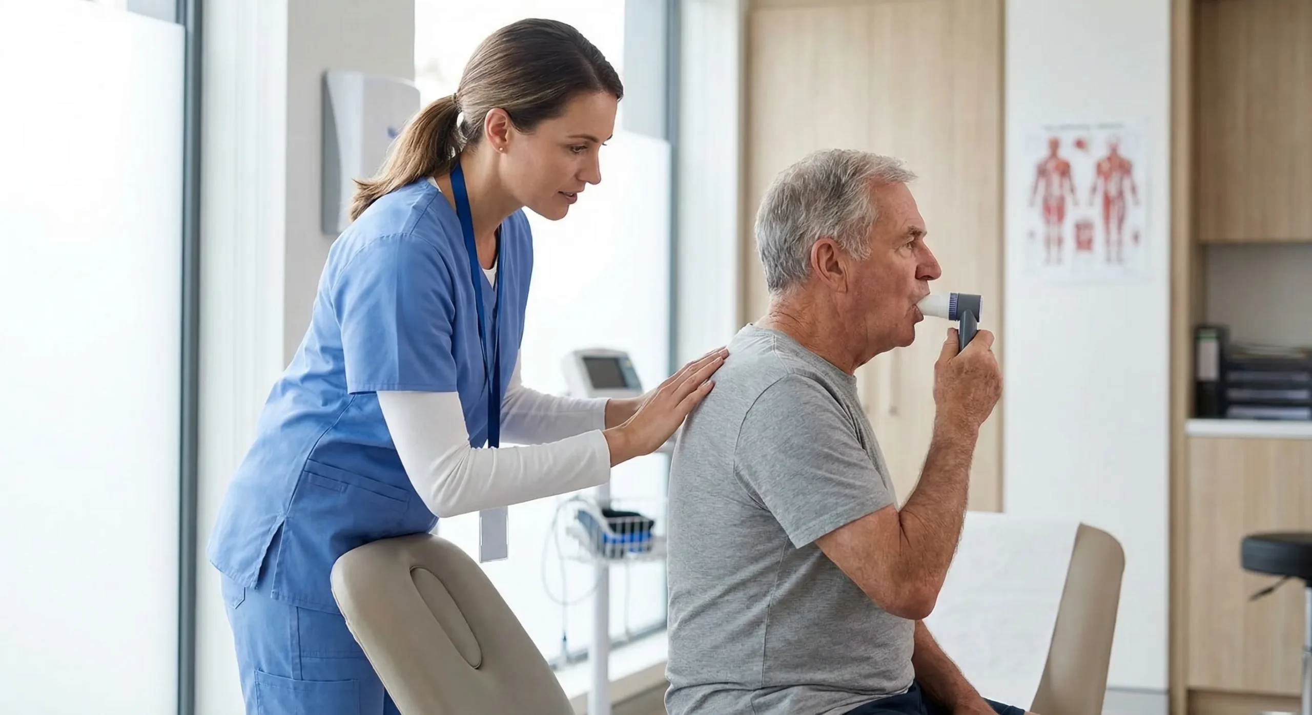 Fisioterapeuta respiratorio realizando tratamientos especificos a paciente con tos seca crónica