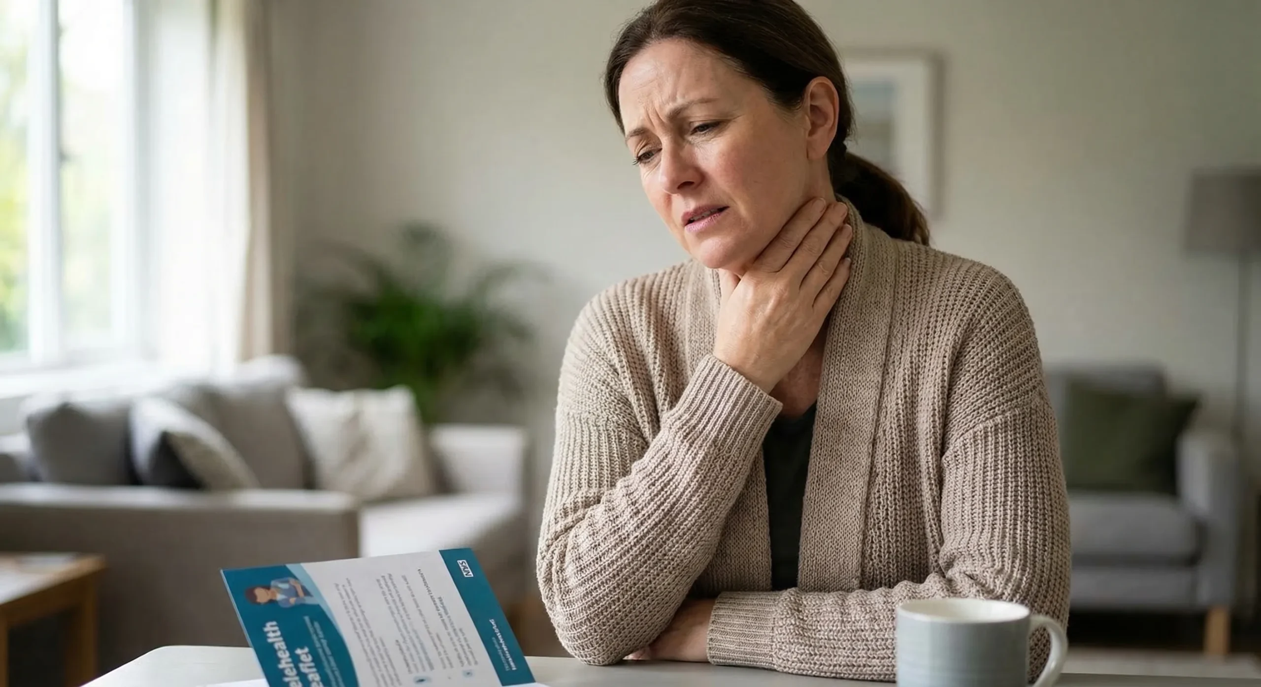 Mujer con tos seca tocándose la garganta con gesto de molestia