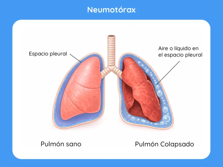 Infografía de un neumotórax indicando el pulmón colapsado y el espacio pleural.