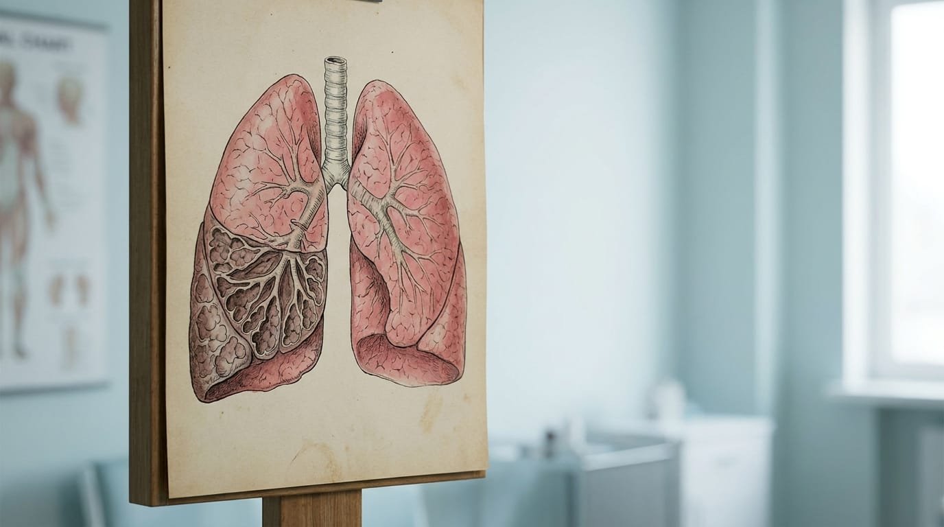 Ilustración anatómica de pulmones con atelectasia mostrando colapso alveolar parcial