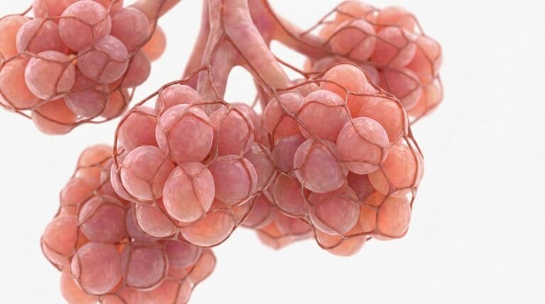 Representación visual de los álveolos pulmones mostrando racimos de sacos de aire rodeados de capilares