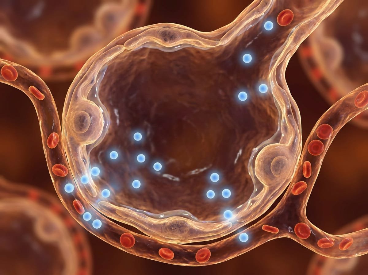 Sección transversal del álvéolo pulmonar con la barrera alvéolo-capilar y el intercambio gaseoso de oxígeno
