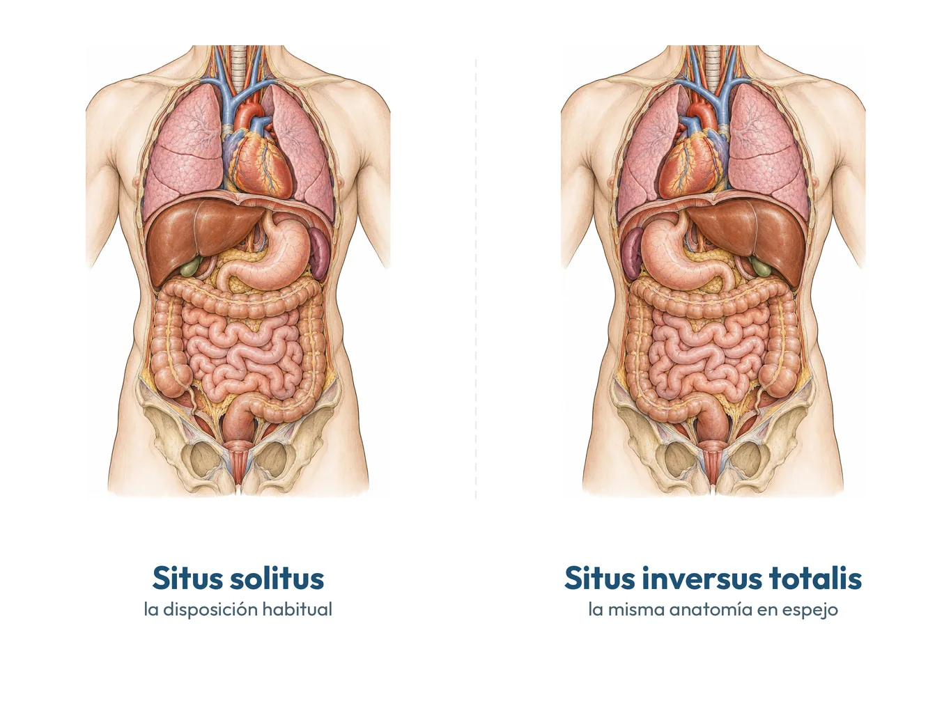 Ilustración anatómica comparada: a la izquierda la disposición habitual de los órganos y a la derecha la misma anatomía en imagen especular